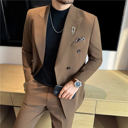 (Jacket + Pants) Fashion Double Breasted Design Slim Men's Suit Italian Style Luxury Wedding Social Party Tuxedo 2 Piece Sets