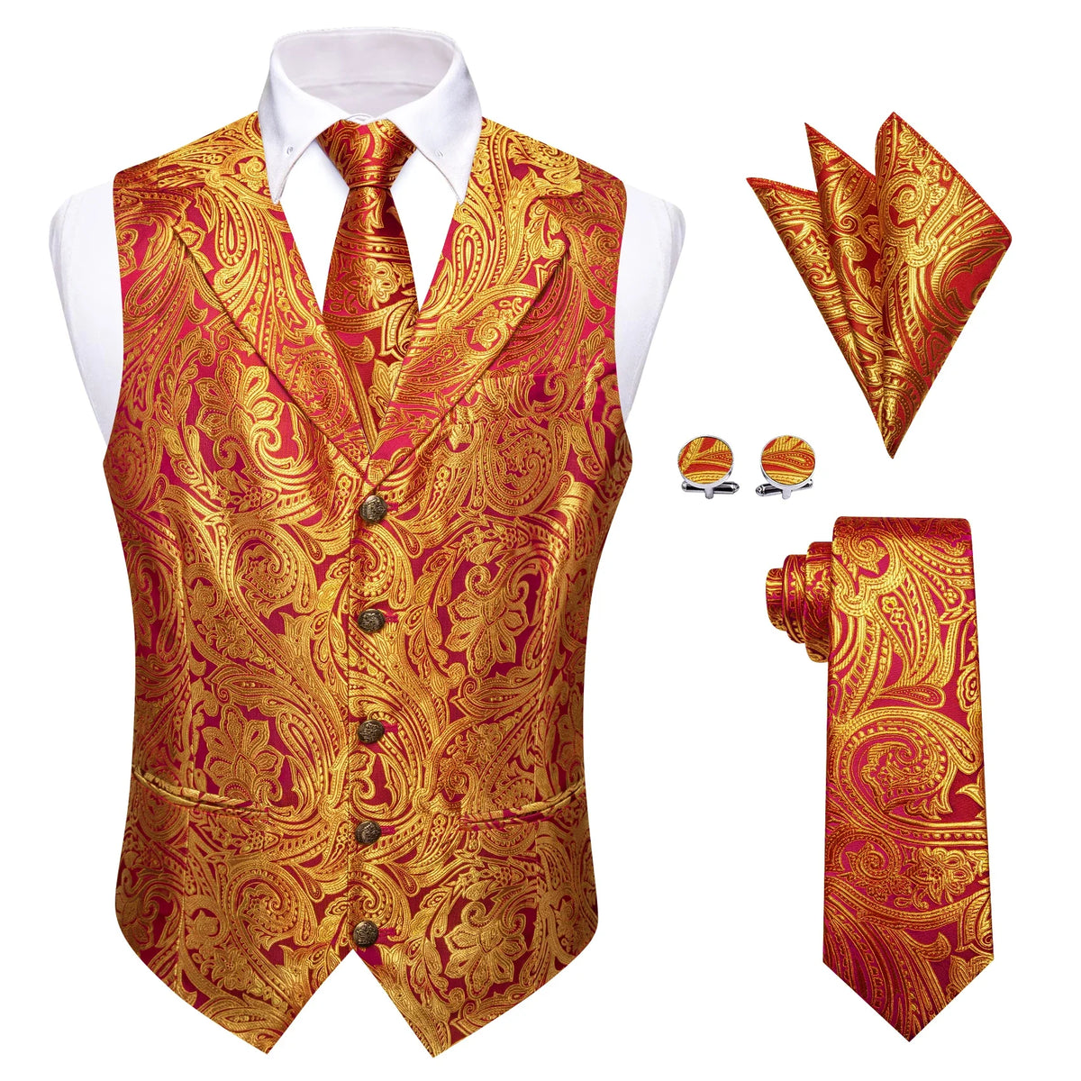 Men's Paisley Waistcoat Vest with Tie Hanky Cufflinks Set for Wedding and Banquet
