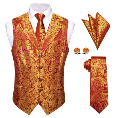 Men's Paisley Waistcoat Vest with Tie Hanky Cufflinks Set for Wedding and Banquet