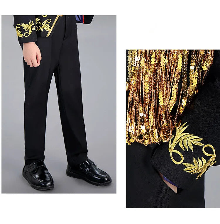 Boys Sequenant 2 Pieces/Set Jacket Pants Embroidery Paino Host Performance Dress Kids Stage Show Photography Suit Children's Set