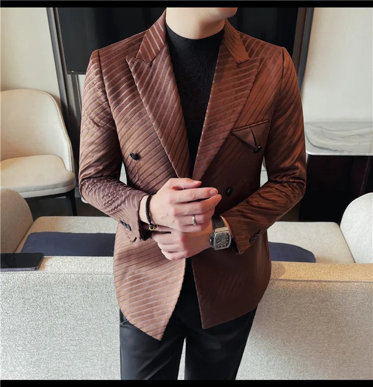 British Style Double Breasted Suit Jacket Men Striped Casual Business Blazers High Quality Wedding Social Banquet Dress Coats