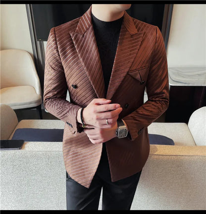 British Style Double Breasted Suit Jacket Men Striped Casual Business Blazers High Quality Wedding Social Banquet Dress Coats