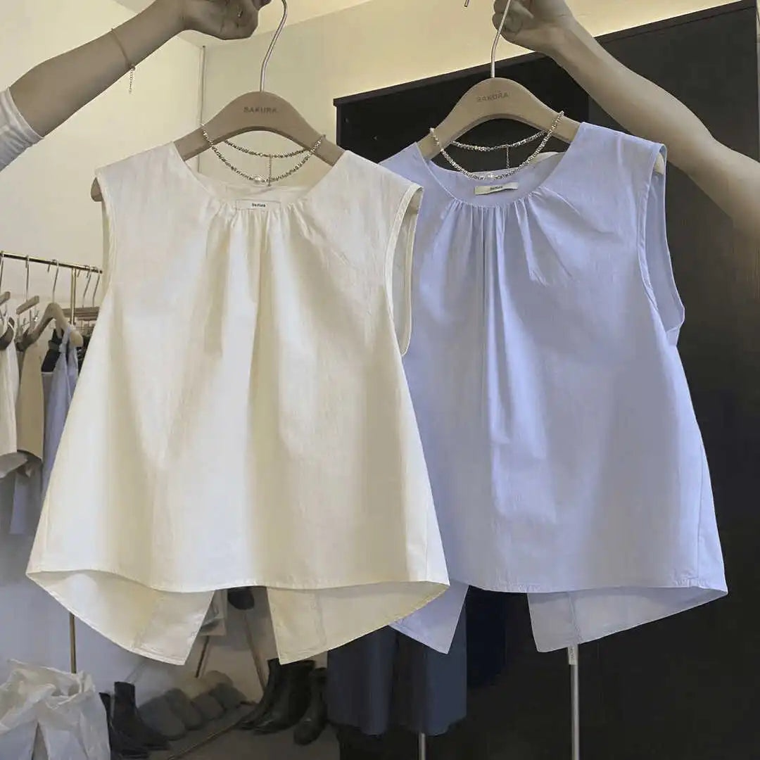 Korean Loose Fit Round Neck Sleeveless Vest 2025 Summer Women's Pure Top Split at Back Shirt