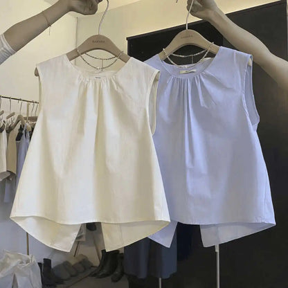 Korean Loose Fit Round Neck Sleeveless Vest 2025 Summer Women's Pure Top Split at Back Shirt