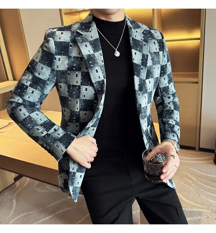 Korean Jacquard Denim Jacket for Men Autumn Winter Casual Business Men Blazers Slim Fit Wedding Social Dress Coat Men Clothing