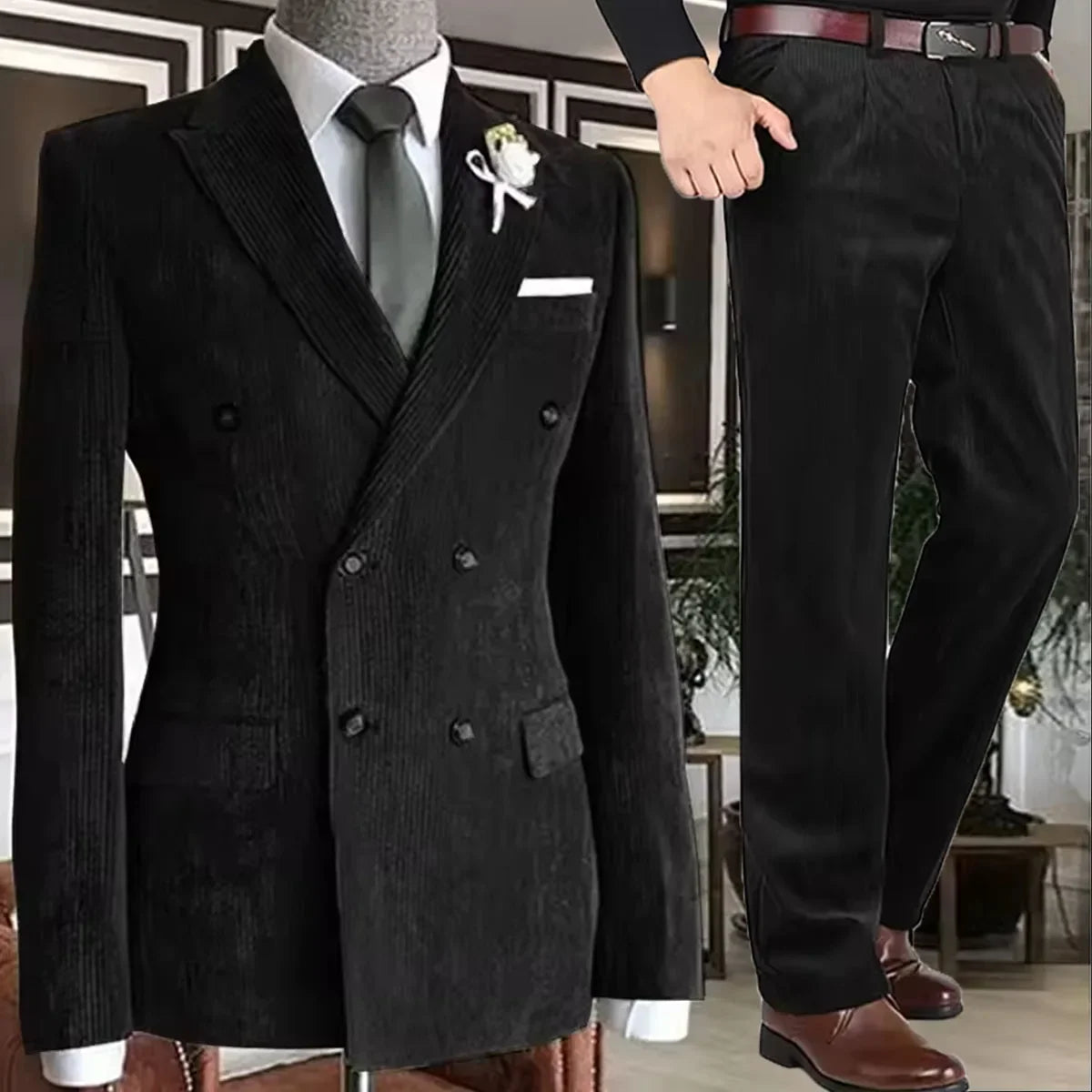 Men's Corduroy Suit 2 Piece – Double Breasted Slim Fit Blazer and Pants for Wedding, Business, and Formal Events