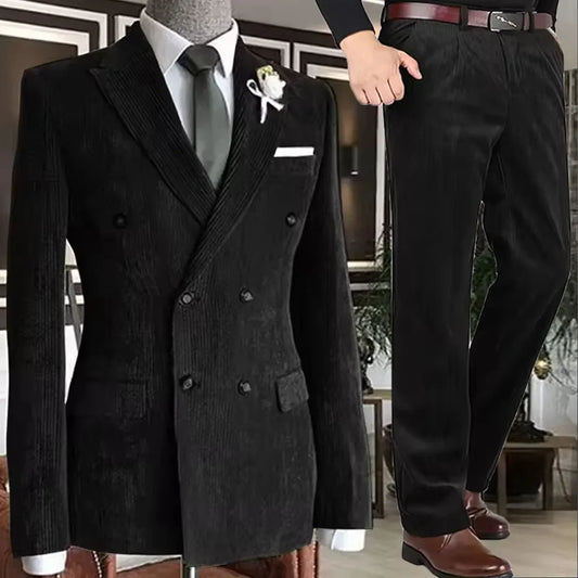 Men's Corduroy Suit 2 Piece – Double Breasted Slim Fit Blazer and Pants for Wedding, Business, and Formal Events