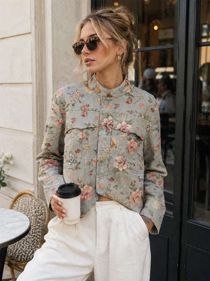 Elegant Chic Jacquard Blazers for Women New Spring & Autumn Raised Collar Buttoned Blazers with Asymmetric Hem and Patch Pockets
