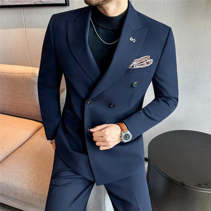 (Jackets+Pant) High Quality Dark Striped Double Breasted Suit Luxury Men Fashion Elegant Tuxedo Formal Groom Wedding Social Suit