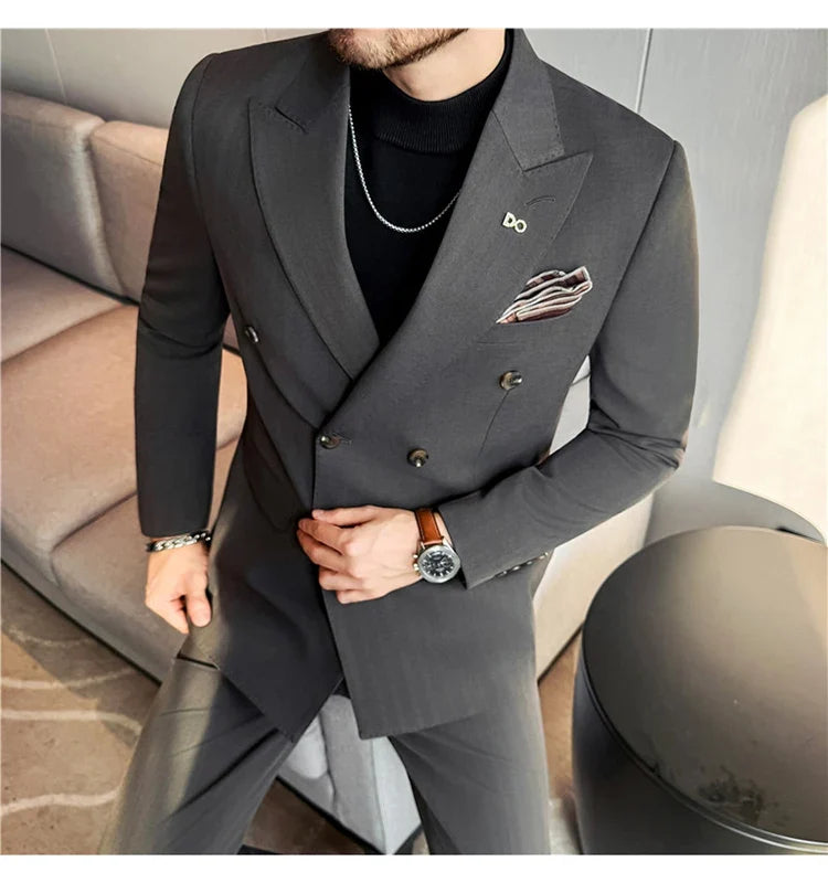 (Jackets+Pant) High Quality Dark Striped Double Breasted Suit Luxury Men Fashion Elegant Tuxedo Formal Groom Wedding Social Suit