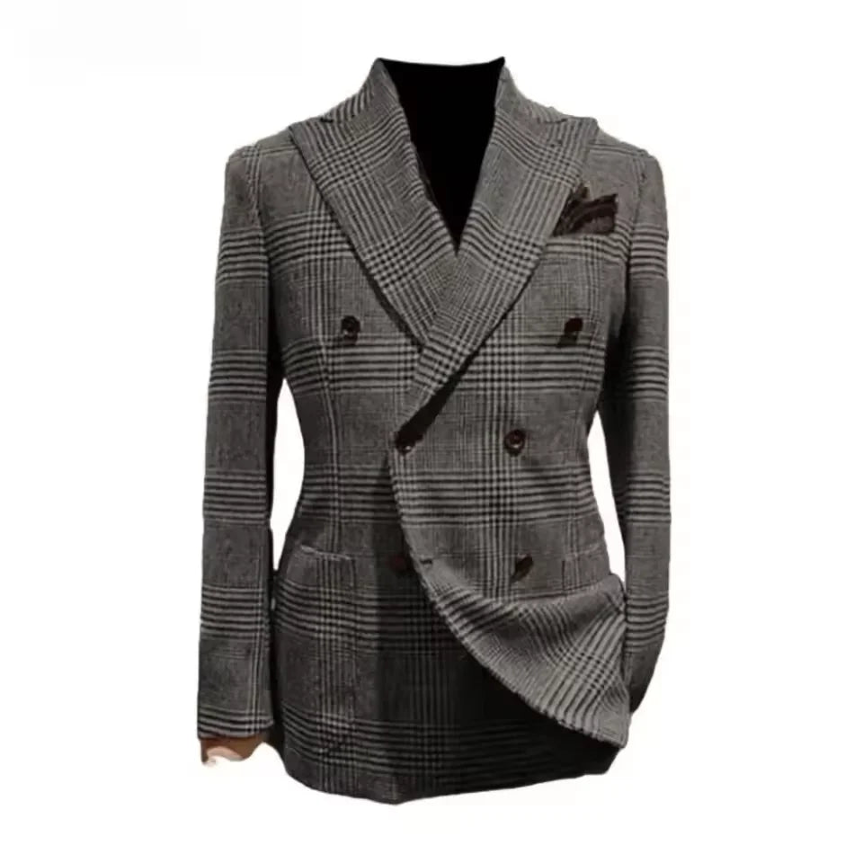 Formal Men's Jacket Houndstooth Woolen Brown Blazer with Peak Lapel Casual Wedding Business Party Coat Autumn Winter Customized