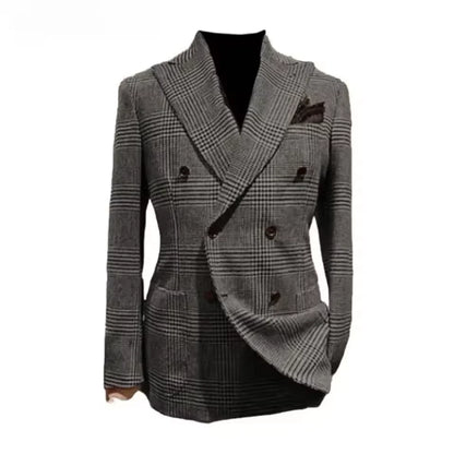 Formal Men's Jacket Houndstooth Woolen Brown Blazer with Peak Lapel Casual Wedding Business Party Coat Autumn Winter Customized