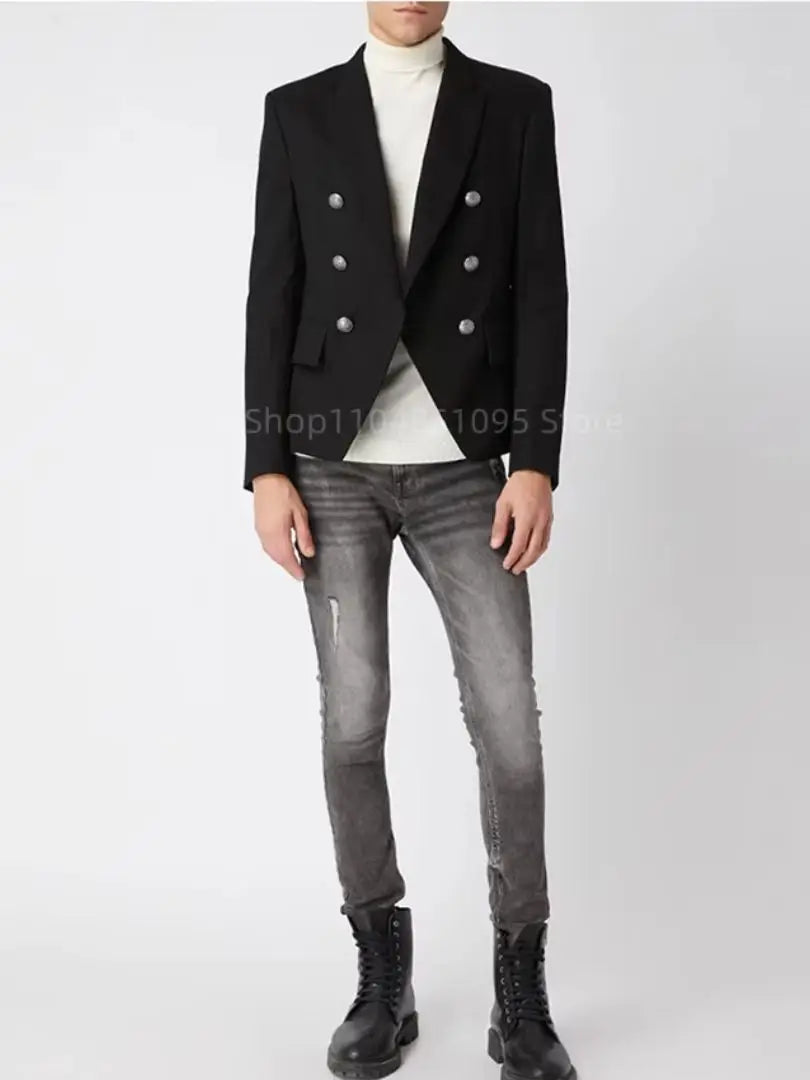 Men's Slim Fit Peak Lapel Double Breasted Blazer Jacket Fashion Male Coat Business Casual for Party Banquet Spring Autumn Coat