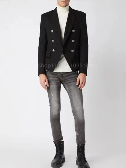 Men's Slim Fit Peak Lapel Double Breasted Blazer Jacket Fashion Male Coat Business Casual for Party Banquet Spring Autumn Coat
