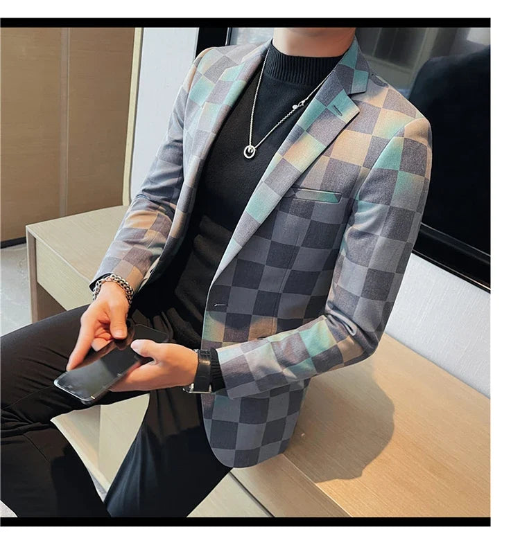 Brand Luxury Plaid Suit Jacket for Men 2023 Autumn Casual Blazer Masculino Fashion Slim Business Wedding Groom Social Dress Coat