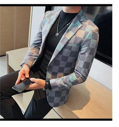 Brand Luxury Plaid Suit Jacket for Men 2023 Autumn Casual Blazer Masculino Fashion Slim Business Wedding Groom Social Dress Coat