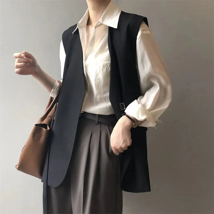 Women V-Neck Suit Coats Casual Sleeveless Blazer Korean Style Oversize Work Vests 2025 Spring Elegant Solid OL Blazer