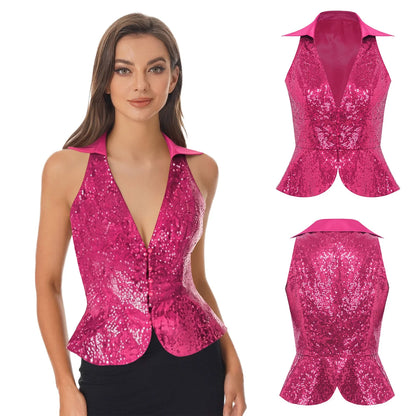 Women's Tassel Sleeveless Waistcoat Shiny Sequins Vest Glitter Fashion Open Front Vests Disco Jazz Dance Music Festival Clubwear