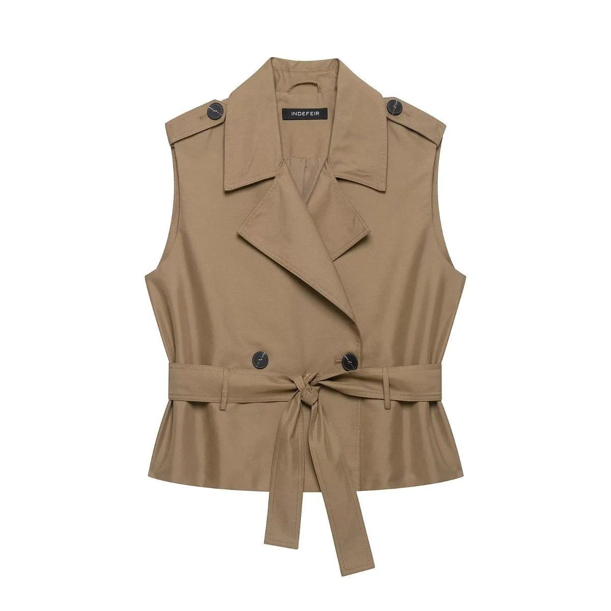 New Slim Fit Cropped Sleeveless Trench Vest Women Khaki Lapel Double Breasted Self Tie Belt Waist Cinching Street Outer Top