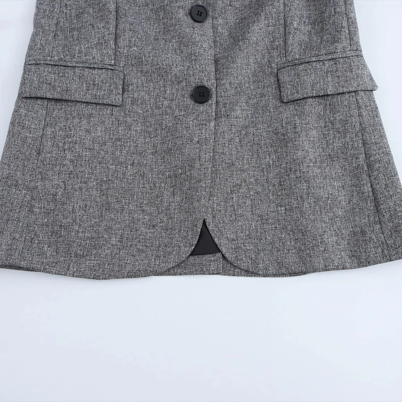 Women Fashion With Pockets Grey Single Breasted Blazer Vintage Notched Neck Long Sleeves Female Chic Lady Outfits