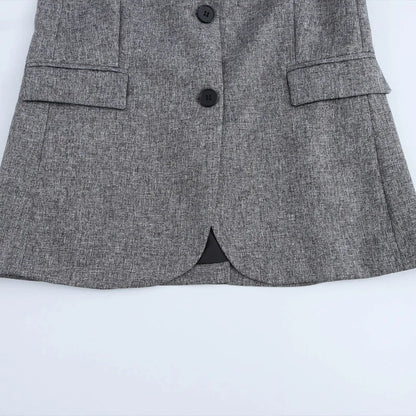 Women Fashion With Pockets Grey Single Breasted Blazer Vintage Notched Neck Long Sleeves Female Chic Lady Outfits