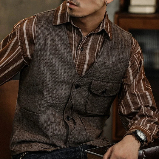 Men's Herringbone Suit Vest – Single Button Waistcoat for Wedding & Business