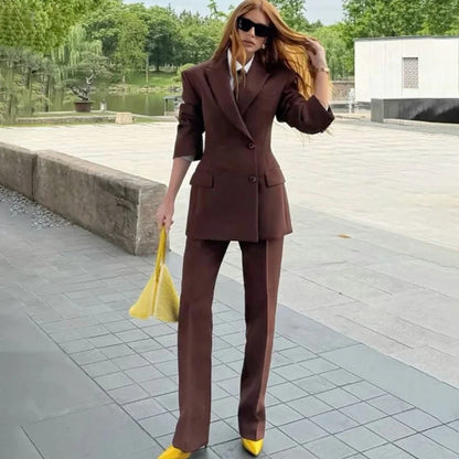 Chic Women Dark Gray Single Breasted Suit 2 Pieces Tailored Blazer+Trousers Set Elegant Office Formal Evening Party Outfit