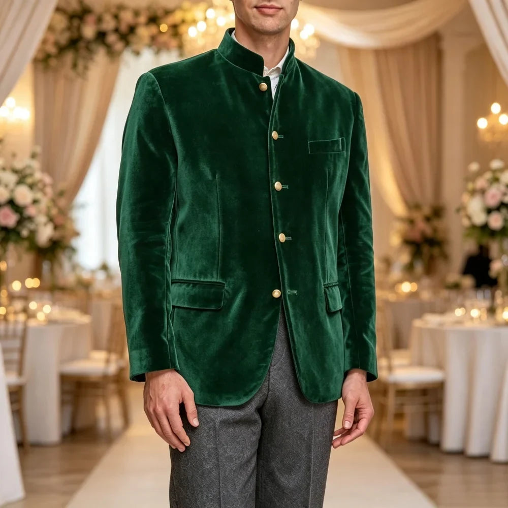 Single Breasted Velvet Suit Jacket Men with Stand Collar 1 Piece Fashion Blazer for Wedding Prom Formal Gentleman Suit Wear