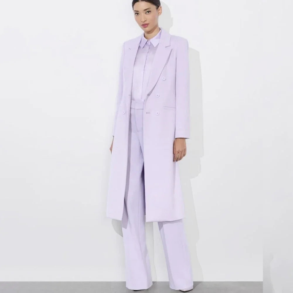 Professional Women Light Lavender 2 Piece Suit Double Breasted Long Jacket Pants Set Classic Office Outfit Formal Evening Wear