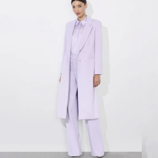 Professional Women Light Lavender 2 Piece Suit Double Breasted Long Jacket Pants Set Classic Office Outfit Formal Evening Wear