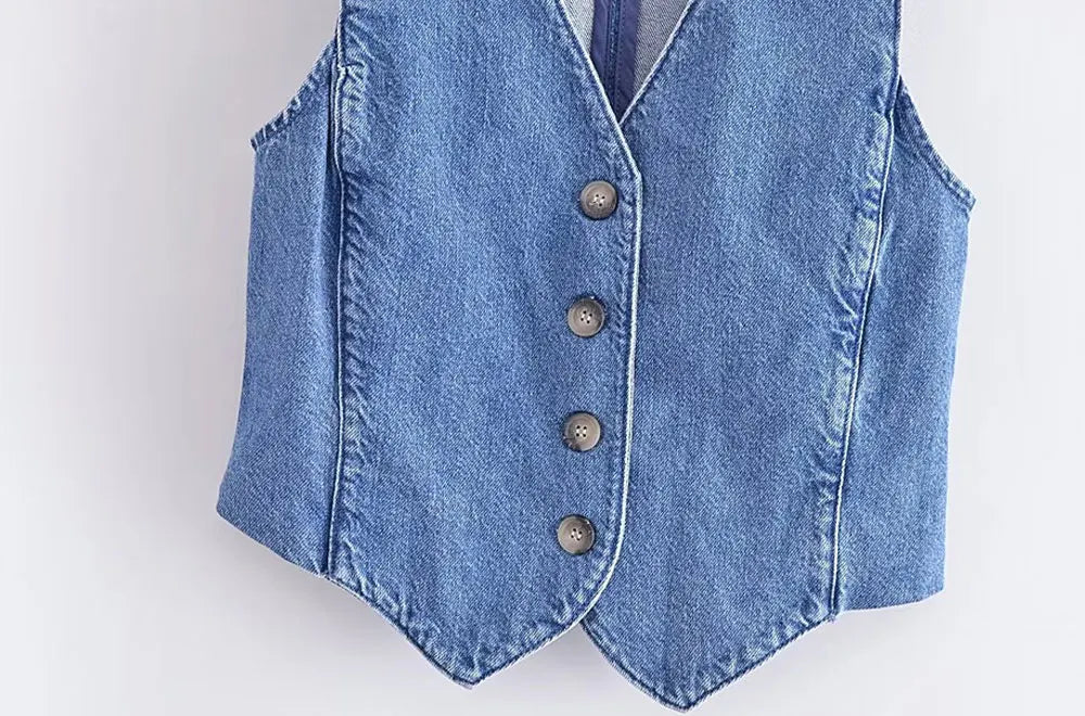 Women Fashion Front Button Denim Waistcoat Vintage V Neck Sleeveless Female Outerwear Chic Vest Tops