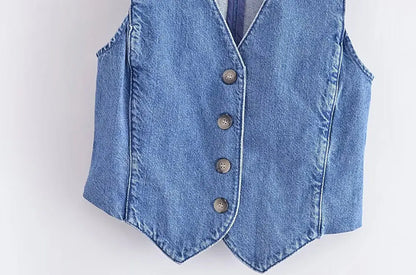 Women Fashion Front Button Denim Waistcoat Vintage V Neck Sleeveless Female Outerwear Chic Vest Tops