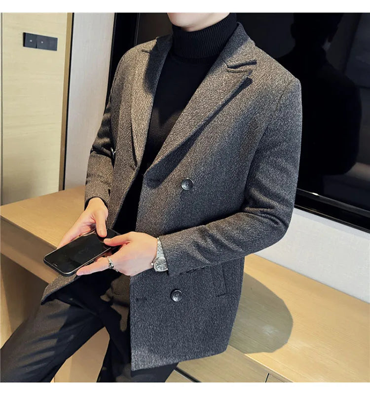 British Style Winter Double Breasted Woolen Suit Jackets Men Thick Warm Wedding Business Blazers Solid Color Casual Dress Coat