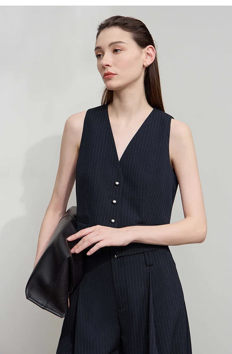 Women's Vest 2025 Autumn New V-neck Single Breasted Striped Sleeveless Vest Women Office Short Elegant Top Female 12523090