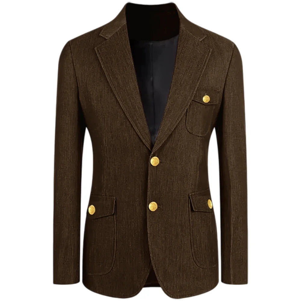 Men's Denim Suit Jacket Classic Notched Lapel Slim Fit Gold Buttons Multiple Pockets Formal Blazer Business Casual Daily Wear