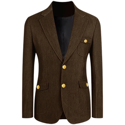 Men's Denim Suit Jacket Classic Notched Lapel Slim Fit Gold Buttons Multiple Pockets Formal Blazer Business Casual Daily Wear