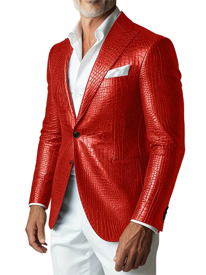 Men's Crocodile PU Leather Blazer Jacket Vintage Single Breasted Suit Coat Fashion Party Wedding Business Casual Outerwear