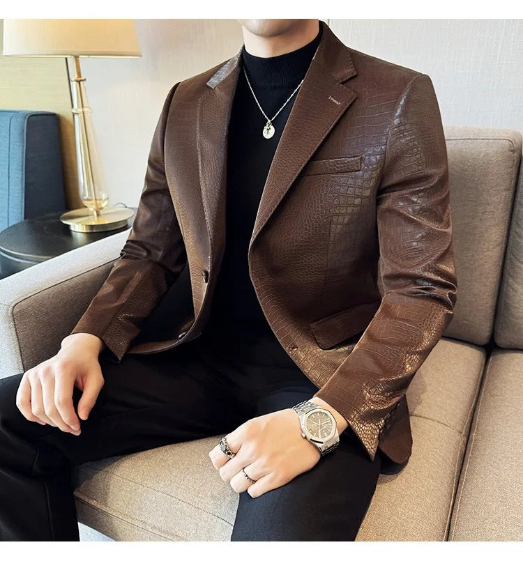 2026 Crocodile Patterned Leather Suit Jacket Men Slim Fit Business Casual Leather Jacket Wedding Groom Party Work Men Blazers