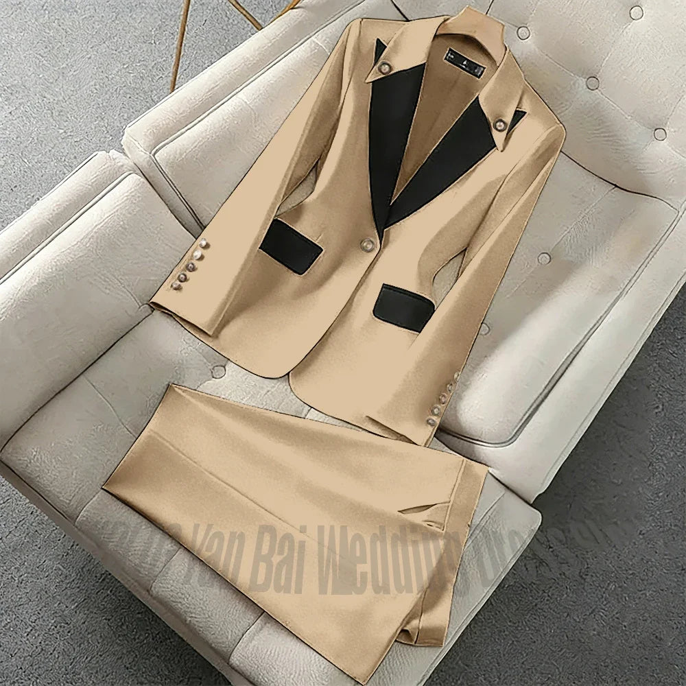 New Unique Women Pant Suit Contrast Color Modern Outfit One-Button Peaked Lapel Casual Fashion Daily Female Clothes Set 2 Piece