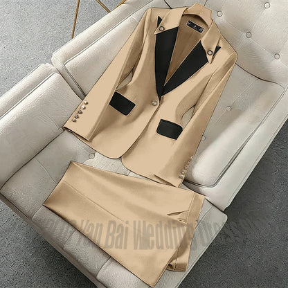 New Unique Women Pant Suit Contrast Color Modern Outfit One-Button Peaked Lapel Casual Fashion Daily Female Clothes Set 2 Piece