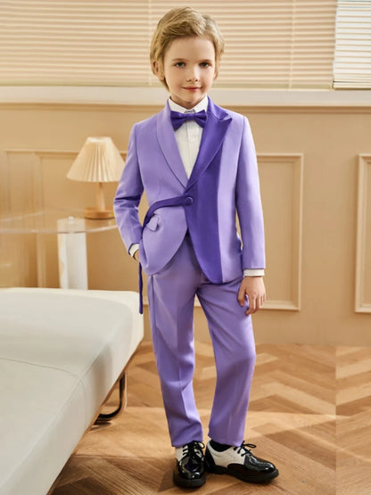 Txjojn Stylish Purple Kids Tuxedo 3 Pieces Blazer Pants With Bow-tie Dancing Wear Handsome Boys Full Sleeve Suits For Party