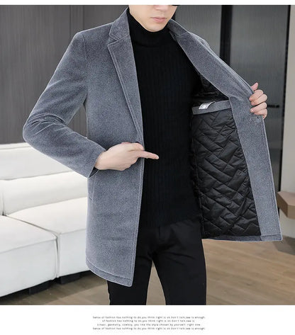 High-quality winter new style mid-length solid color men's fashionable and cool golden mink woolen trench coat with cotton
