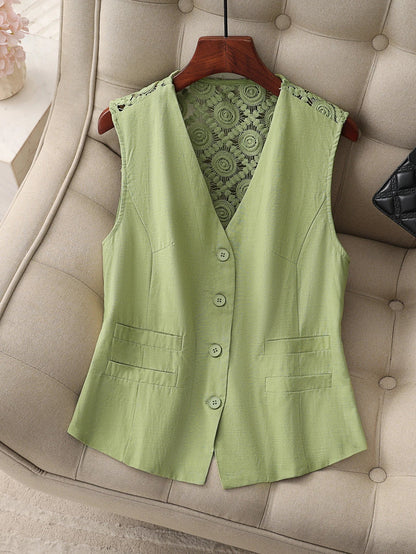 Women’s Summer Button Vest with Crochet Lace Back — Breathable, Linen-Style Texture, Deep V-Neck, Casual to Office Layer