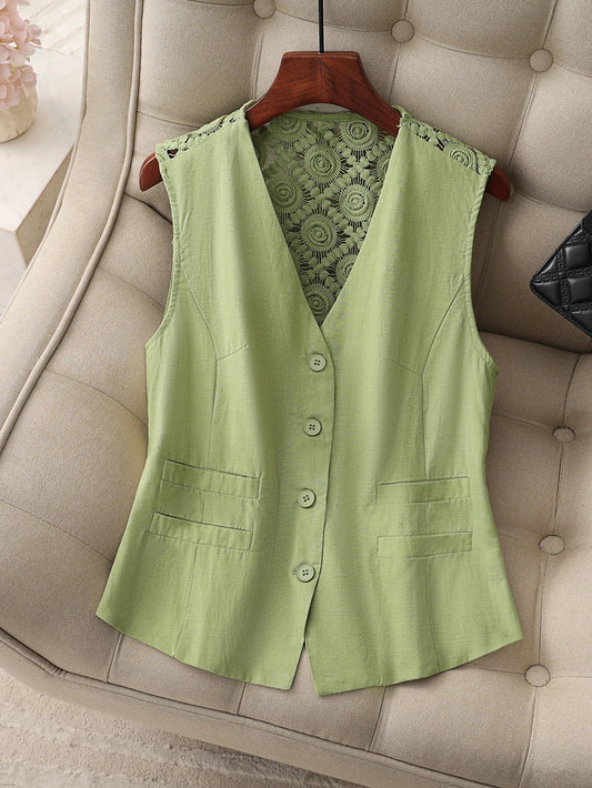 Women’s Summer Button Vest with Crochet Lace Back — Breathable, Linen-Style Texture, Deep V-Neck, Casual to Office Layer