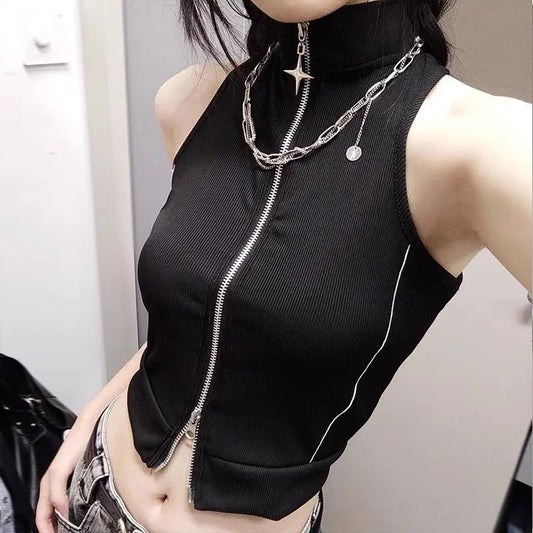 American Retro Double Zipper Camisole Women's Design Sense Niche Girl Slim Short Sleeveless Jacket Women Black Vest Waistcoat