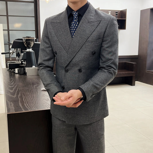 (Jacket+Pants) Autumn New Men Vintage Luxury Double Breasted Slim Suit Formal Groom Wedding Tuxedo Mens Work Party Suit 2 Piece