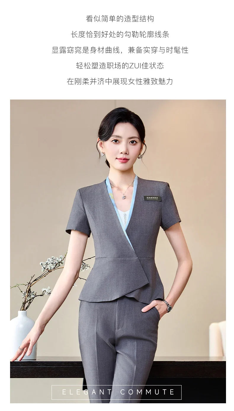 Fashionable professional women's clothing, high-quality short-sleeved suit jacket + pants set, slim and comfortable