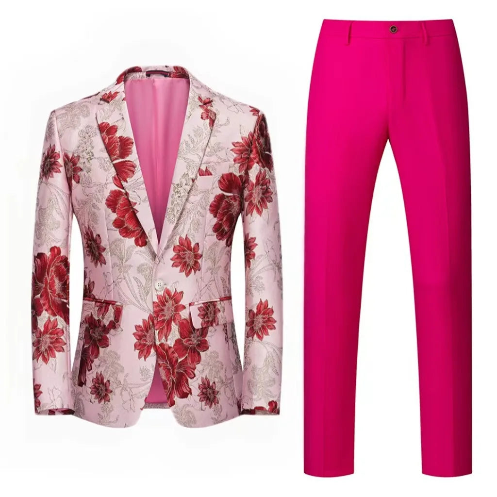 Men Suit 2 Pieces Orange Flower Pattern One Button Business Casual For  Wedding Birthday Party Set Jacket And Pants