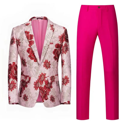 Men Suit 2 Pieces Orange Flower Pattern One Button Business Casual For  Wedding Birthday Party Set Jacket And Pants