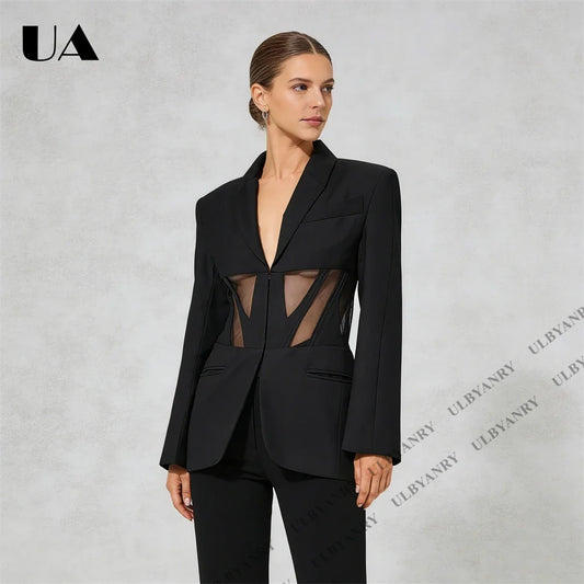 Modern Women's Black Blazer with Transparent Corset Detail for Club Night Masquerade Ball Bold Alluring Outfit